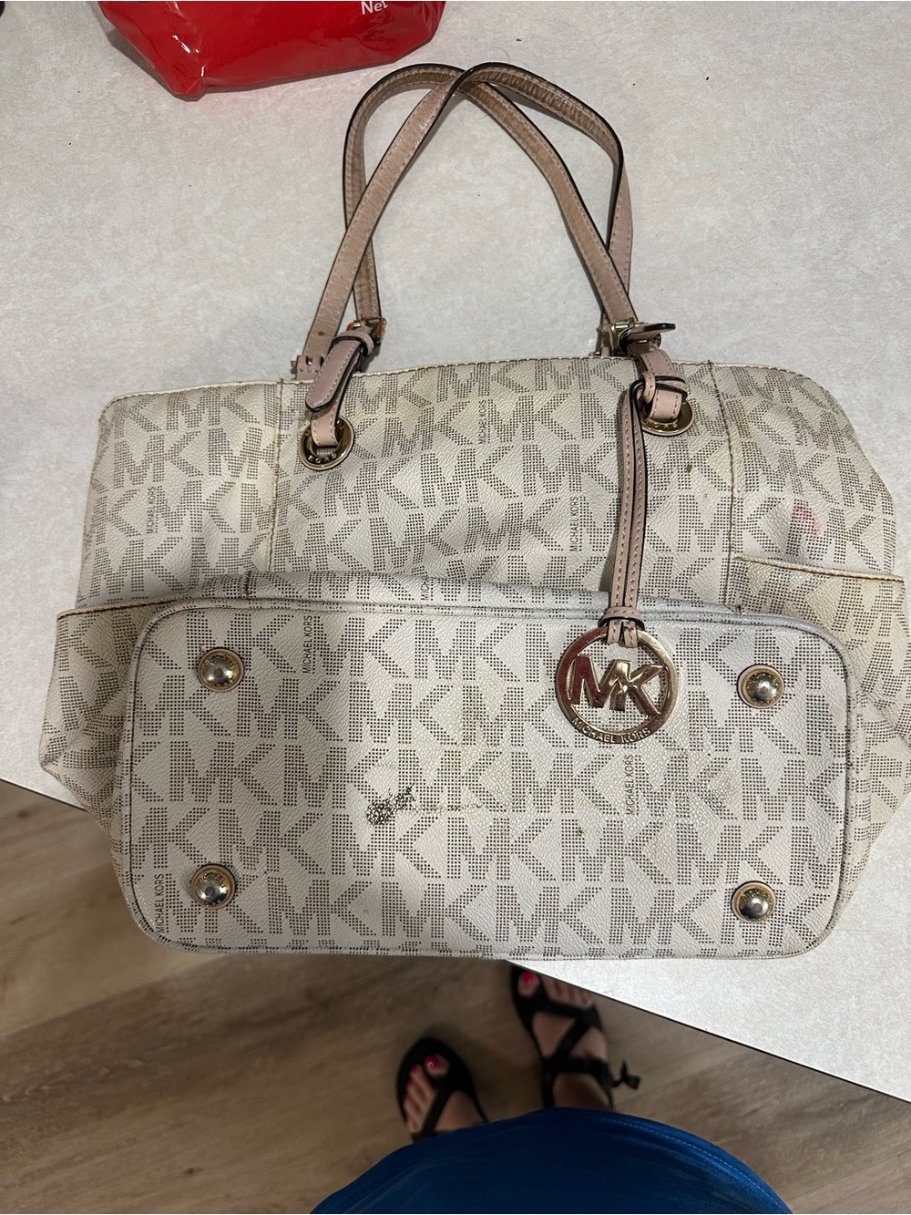 Michael Kors Cream Beige Signature MK Tote with Gold Accent